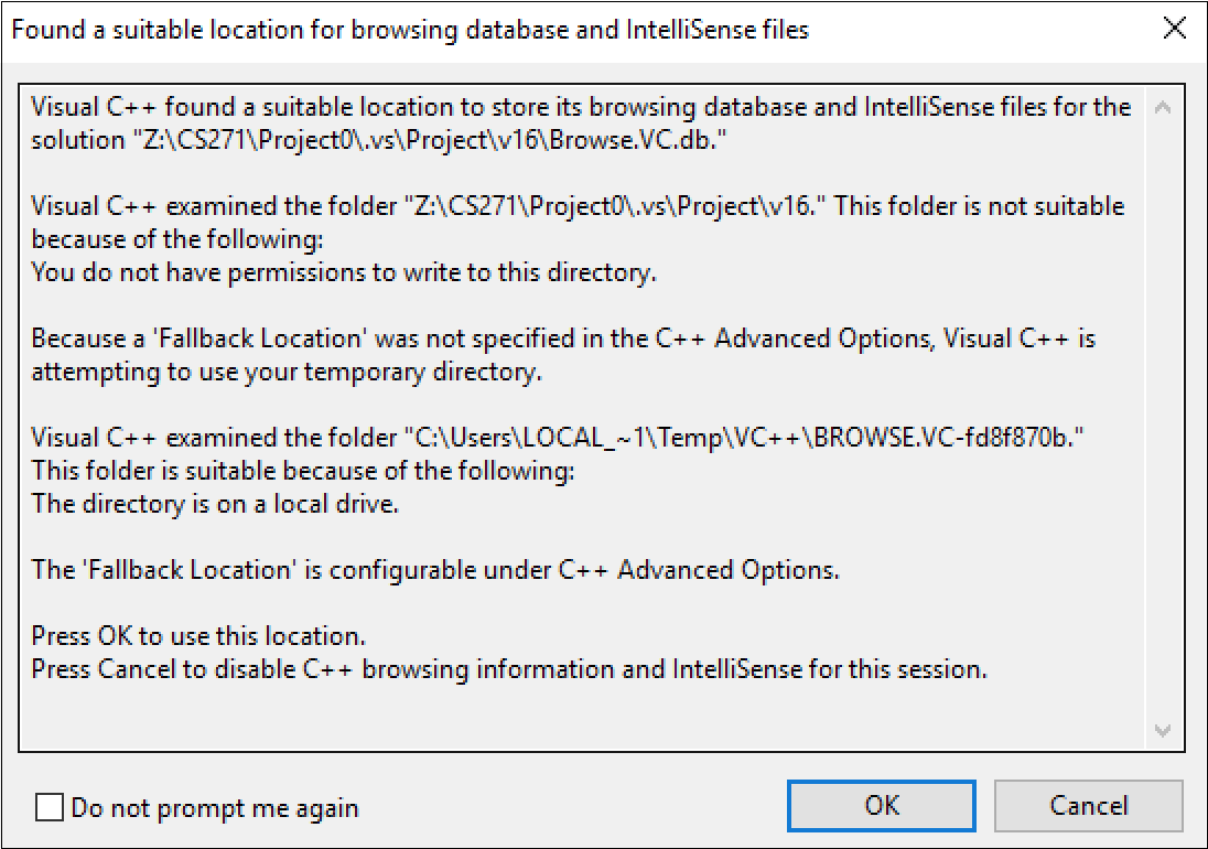Visual Studio first use informational messages