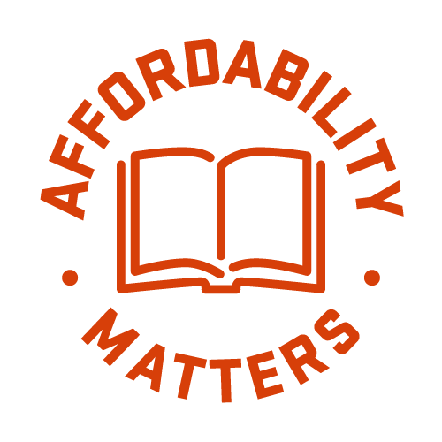 Badge with a book in the middle and the words "Affordability Matters" around the circular edge of the badge, around the book